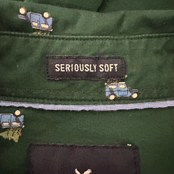 American Eagle Men’s Top Button Down Large Tall Green Car Christmas Long Sleeve - Picture 4 of 14